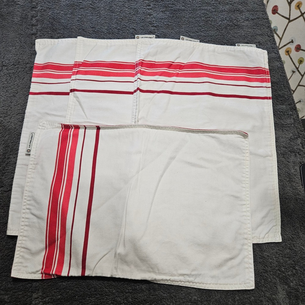Le Creuset Placemats Set of 4 White Red Striped Cotton Twill Kitchen Dining